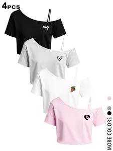 4 Pack Women's One Shoulder Crop Tops, Casual Short Sleeve Off Shoulder Tees, Coquette Aesthetic Cute Print Cropped T-Shirts, Bow Heart Strawberry Pattern Slim Fit Basic Tops, Y2K Summer Going Out Blouses for Daily Streetwear, Trendy Music Festival Outfit