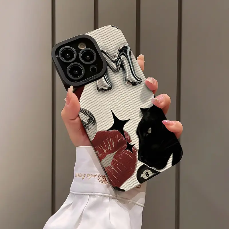 Creative Lip & Cat Pattern Phone Case Casing, Soft TPU Cover, Shockproof Phone Protective Cover Protector, Phone Accessory Protection, Mobile Phone Accessory, Smartphone Shell Compatible with iPhone 16 15 14 13 12 11 Plus Pro Max Cellphone Smartphone