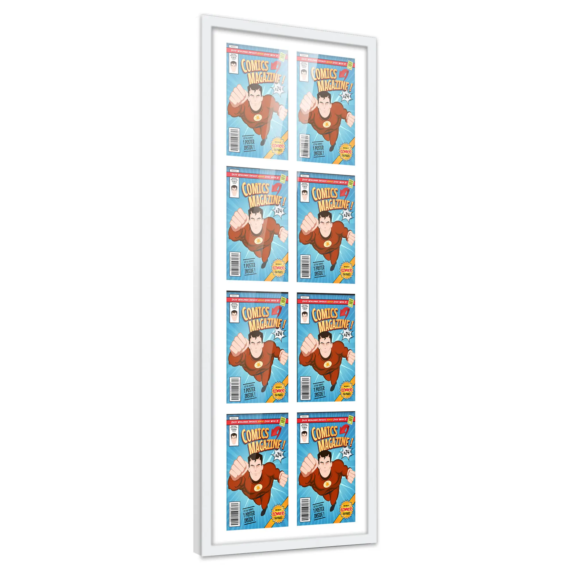 Comic Book Frame with Mat for 8 Current Era Comics Published After 1985 - White Wood Comic Frame With White Mat for 6.875x10.5 Comics - 20x50.5 Frame Size