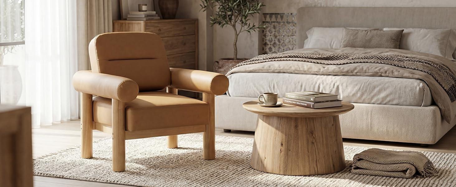 HNY Modern Accent Chair, Faux Leather Barrel Chairs, Comfy Side Arm Chairs with Solid Wood Frame for Living Room,  Aesthetic Room Decor, Light Brown