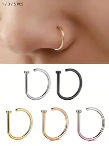 1/3/5pcs 14k D-Shape Nose Hoop Ring, Stainless Steel Clip-On, Minimalist Punk Style, Non-Piercing Nose Clip for All