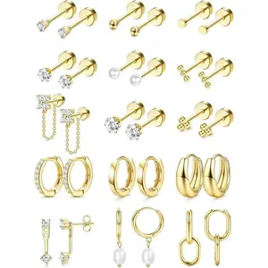 Flat Back Earrings for Women Hypoallergenic Surgical Steel Earrings for Sensitive Ears-20G Cartilage Earring Stacks 14K Gold Plated Hoops Flatback Stud Earring Sets for Multiple PiercingGift