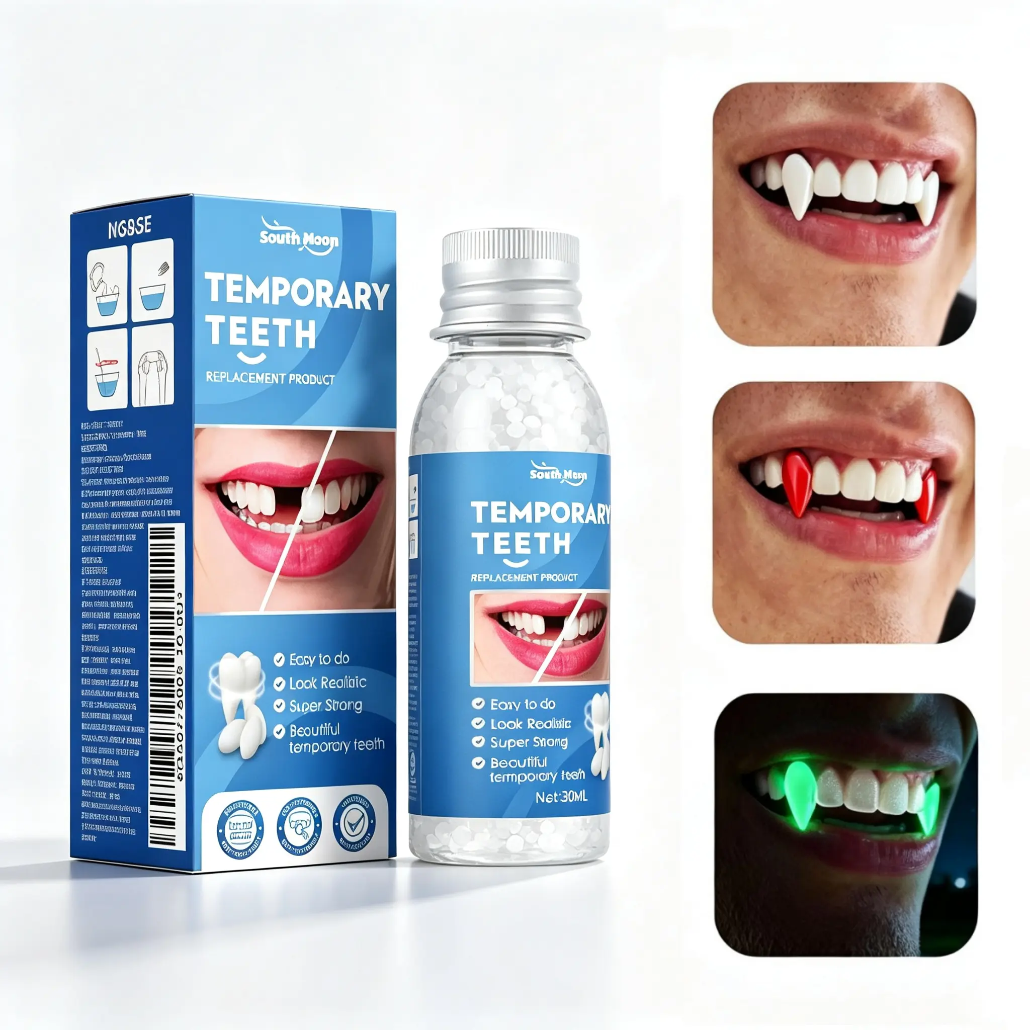 Spooky Vampire Teeth Fangs Set - 5 Pairs Reusable Resin Fake Teeth with Adhesive Gel, Cosplay Accessory for Halloween, Gothic Parties