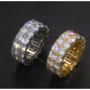 fashionable jewely 2 Row Synthetic Moissanite Tennis Rings For Women Men Shining Engagement Wedding Hip Hop Fine Jewelry 925 Sterling Silver Ring