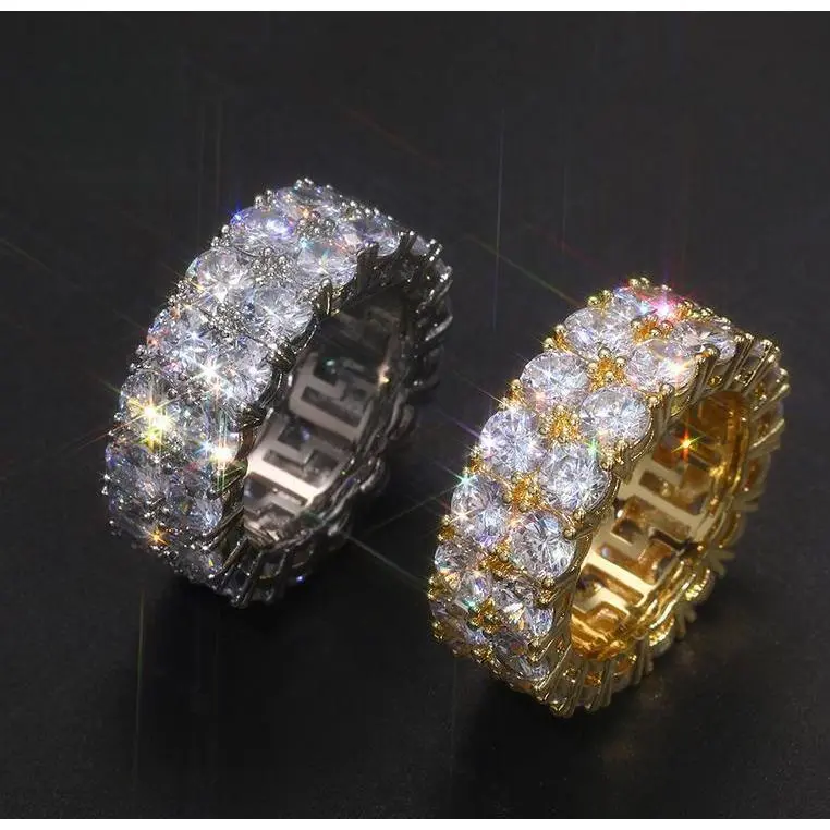 fashionable jewely 2 Row Synthetic Moissanite Tennis Rings For Women Men Shining Engagement Wedding Hip Hop Fine Jewelry 925 Sterling Silver Ring