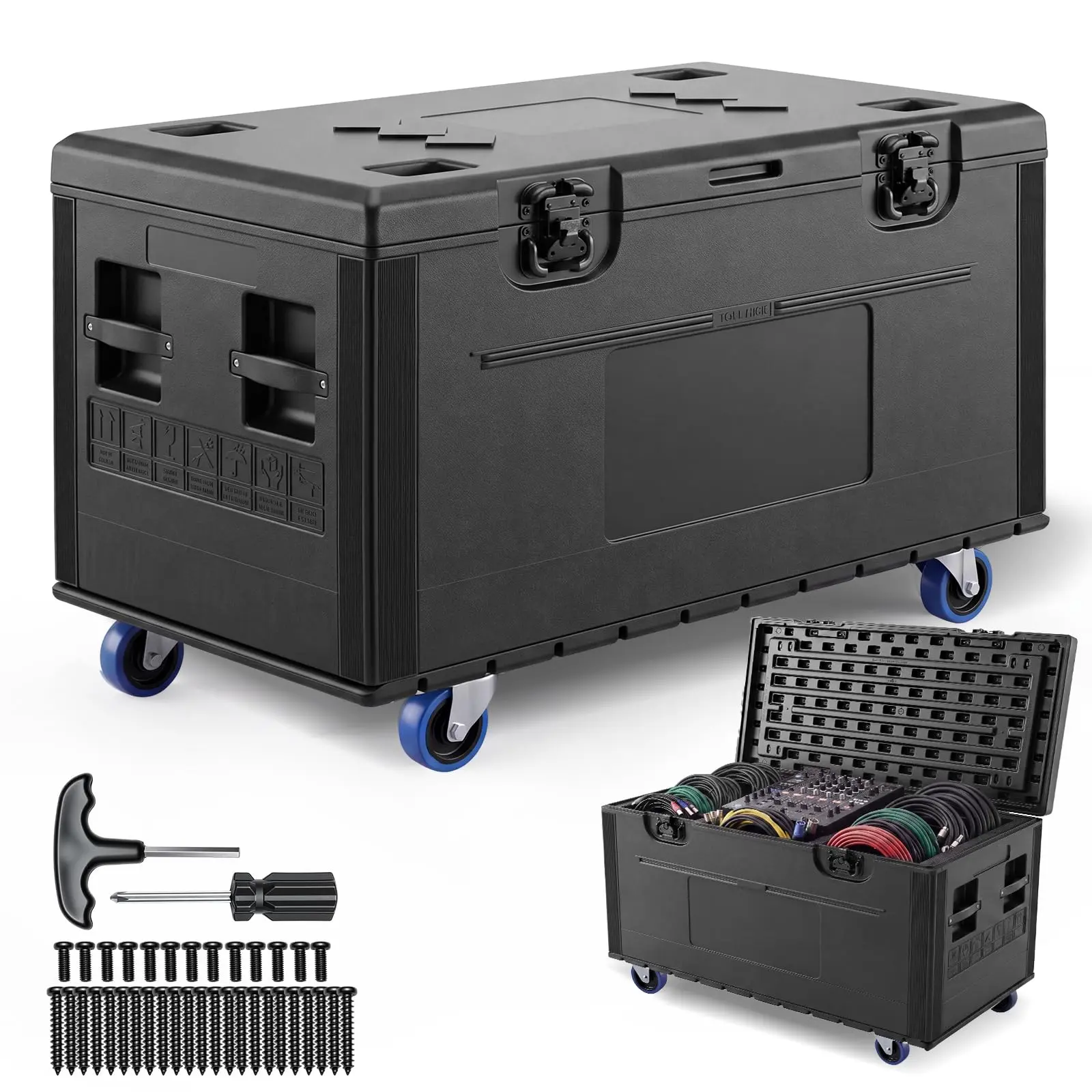 Heavy Duty Utility Cable Trunk Road Case with Wheels, 44.5"x24"x22.4", 1102lb Capacity, 2 Locking Casters, Butterfly Latches, for Pro Audio & DJ Equipment Touring Transport