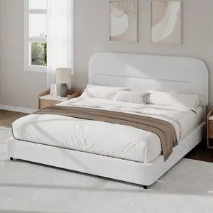 Bed Frame With Headboard, Modern Upholstered Bed Frame With Curved Edges Design, Soft Bed Frame, No Box Spring Needed, Easy Assembly, Twin/ Full/ Queen/ King, White/ Grey/ Beige/ Light Brown mirror