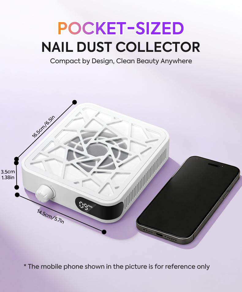 Mini Rechargeable Nail Dust Collector, 6000RPM Powerful Suction Nail Vacuum Cleaner with 10 Speed Adjustable, 2600mAh Cordless Nail Dust Extractor for Acrylic Nails, Portable Nail Salon Dust Collector for Home Use