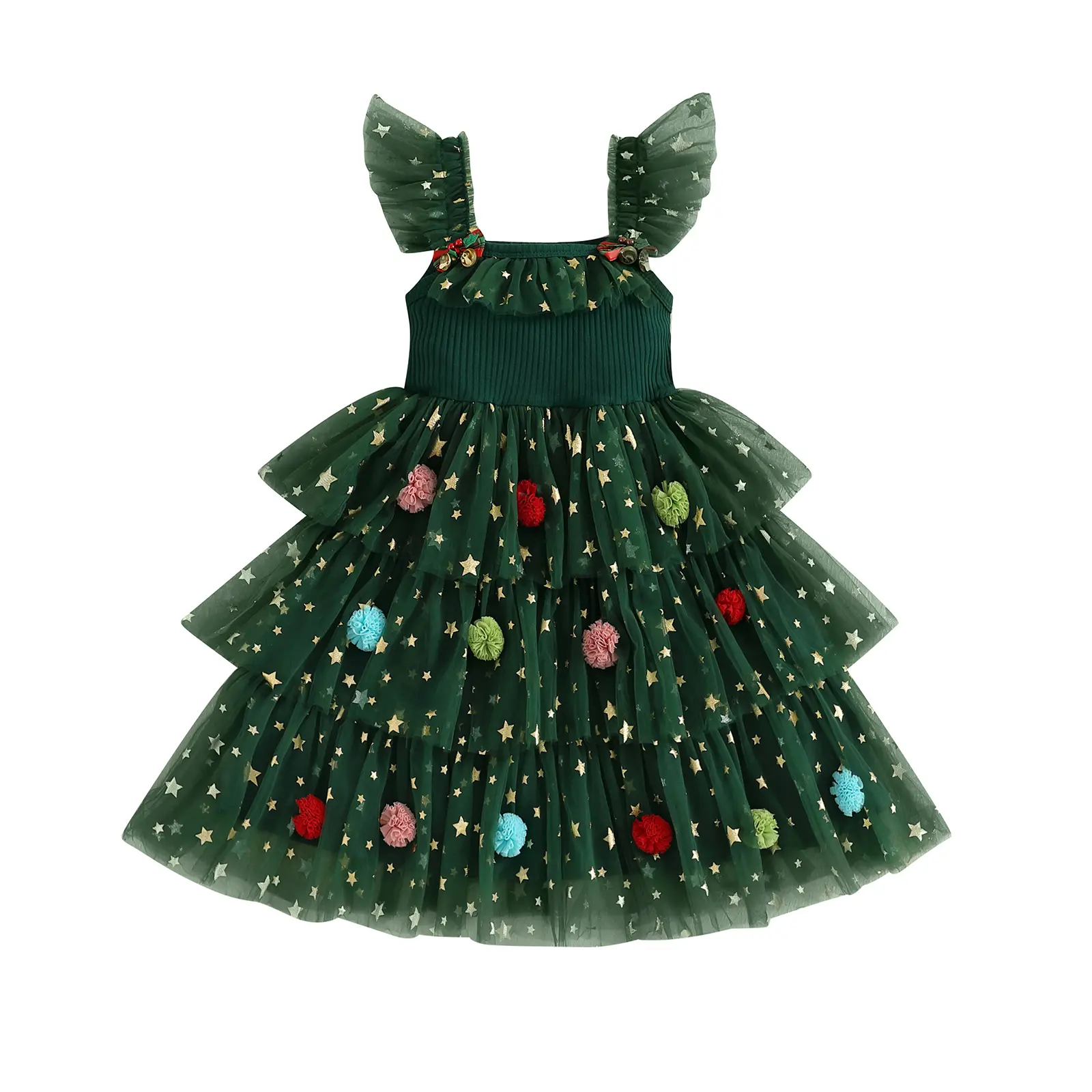 Xmas Tree Toddler Christmas Dress Stars Pompom Embroidery Rib Patchwork Tulle Tutu Dress Layered Princess Dresses Little Girls Xmas Dress up Clothes Holiday Birthday Pageant Wedding