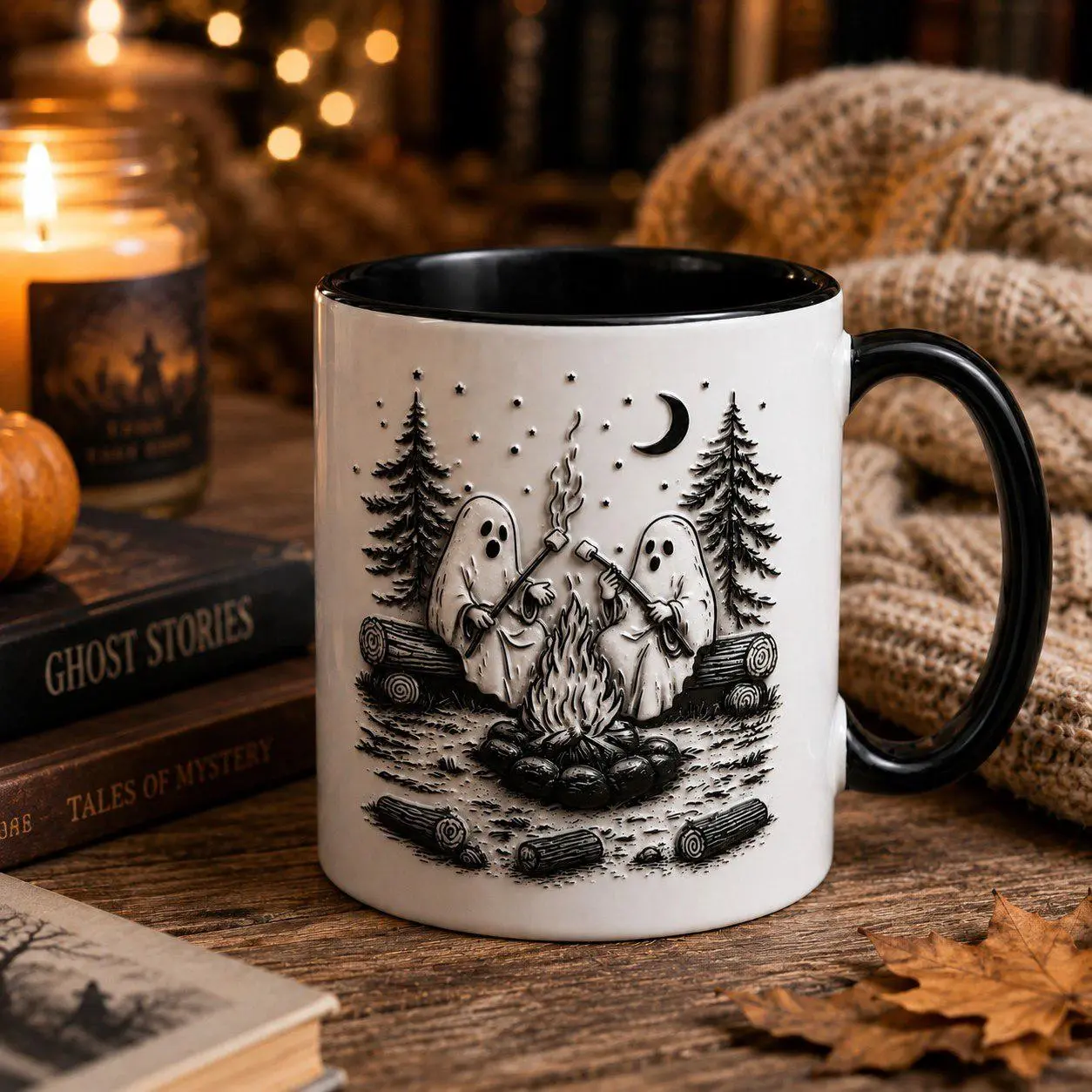 Halloween Ghost Campfire Mug, Cute Spooky Camping Coffee Cup, Marshmallow Ghost Ceramic Mug, Halloween Gift for Campers
