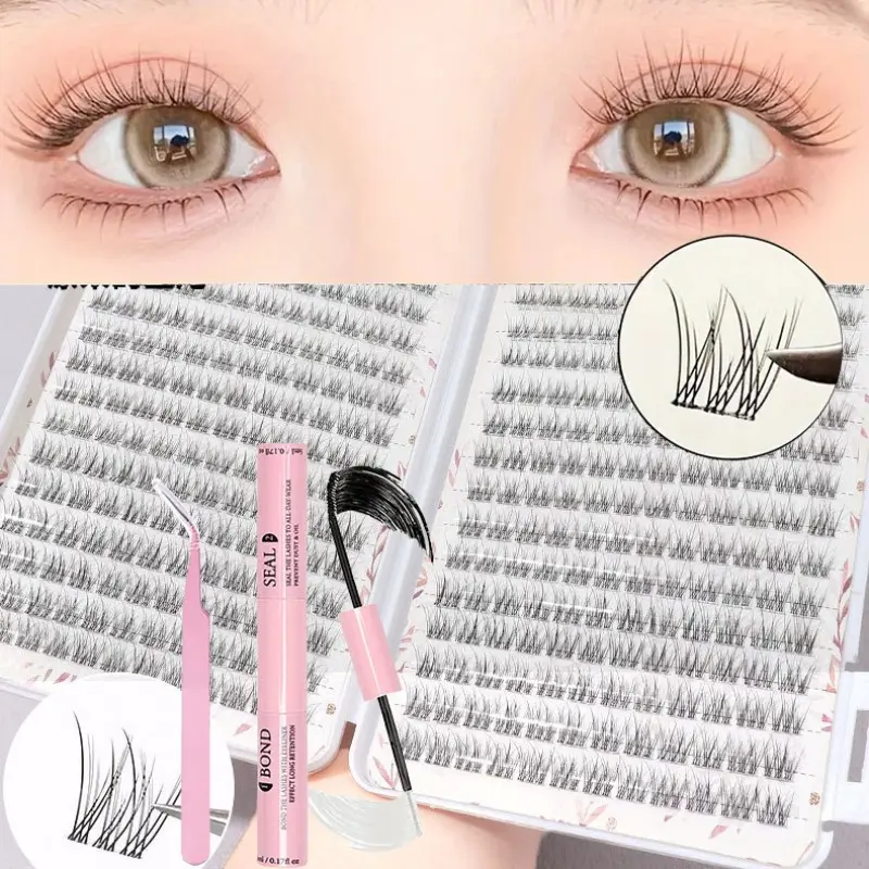 1 box of 384 eyelash books+double headed glue+special clip, single eyelash glue set, slim cross eyelash fish tail design, soft and lightweight, very suitable for daily or commuting makeup, can be reused multiple times