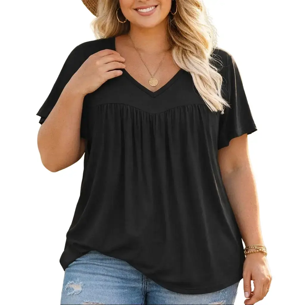 Women's Plus Size Stretchy Short Sleeve Pleated V-Neck Blouses - Feminine, Casual Chic, Ruffle Drape Flowy Tunics, Everyday Top (XL-5XL) for Vacation Outfits,back to school,back to school shopping