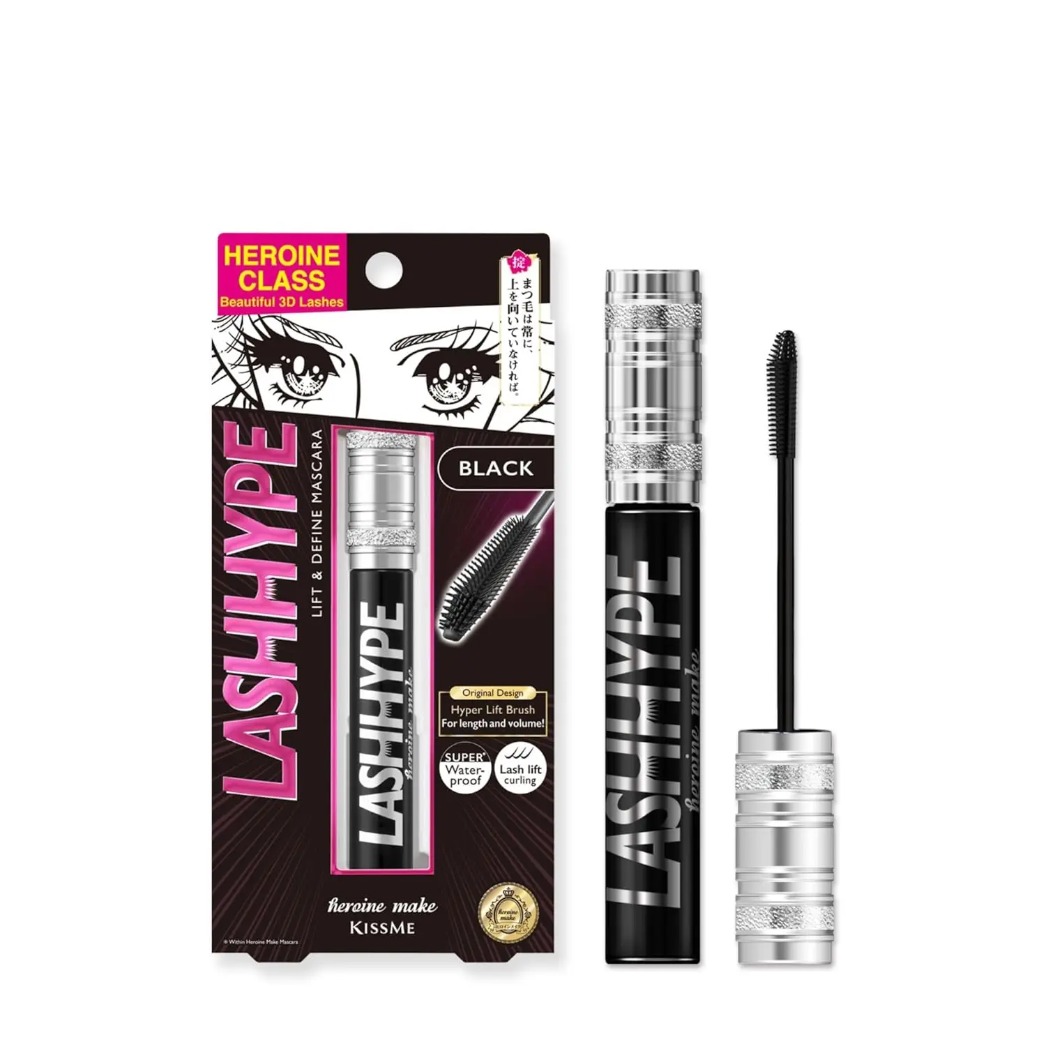 Heroine Make by KissMe Lash Hype Waterproof Mascara | Volumizing & Lengthening Formula | Smudge-Proof for Long-Lasting Hold | Black Waterproof Mascara for Full Lashes | Made in Japan
