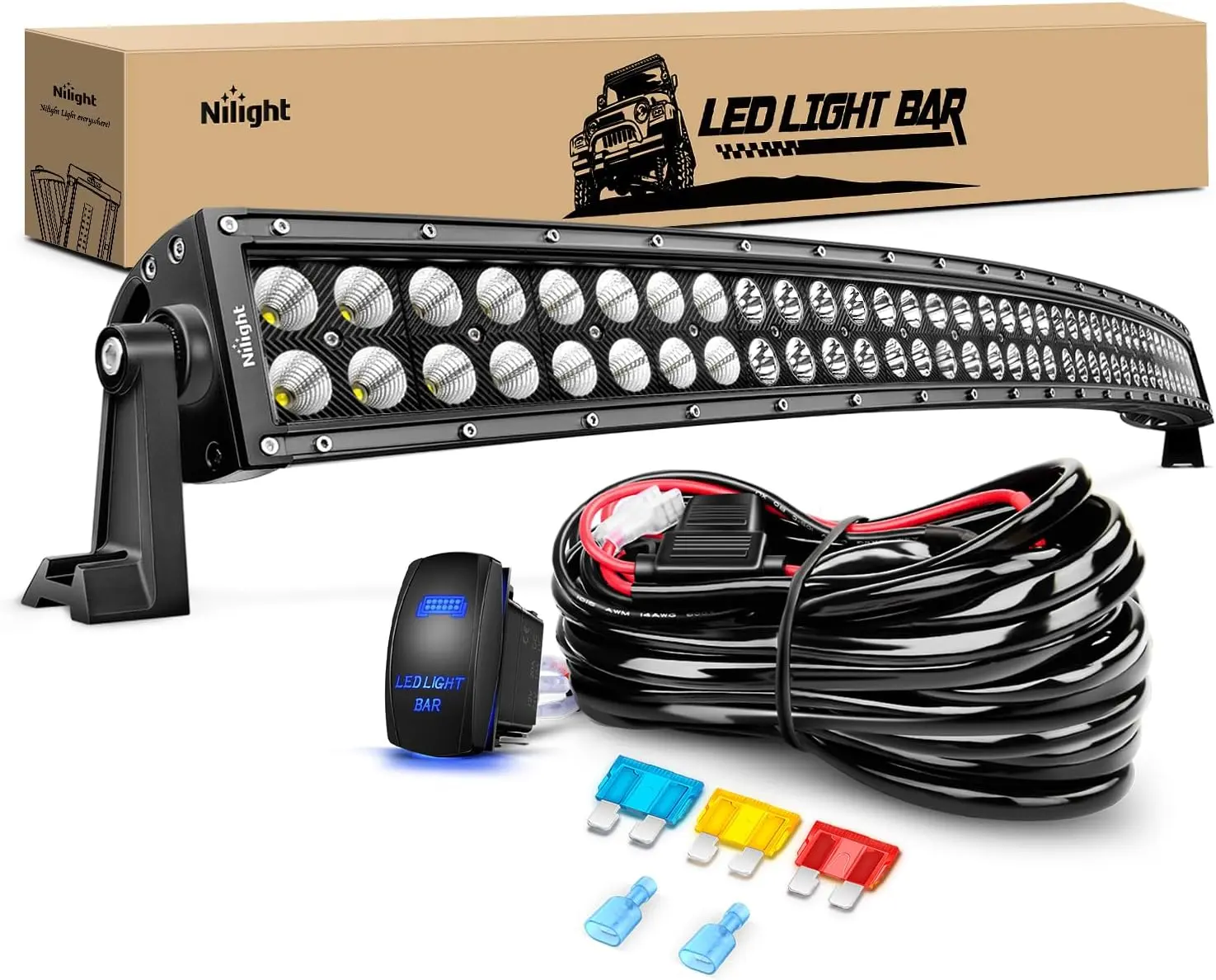 Nilight 54In Curved 312W Spot-Flood Combo LED Off-Road Light Bar with 1PC 14AWG Wire & 12V 5Pin Rocker Switch Wiring Harness Kit, LED Car Lights for Offroad Vehicles