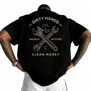 "Dirty Hands, Clean Money" wrench graphic t-shirt, workwear-style graphic print t-shirt, comfortable fabric short-sleeved top.