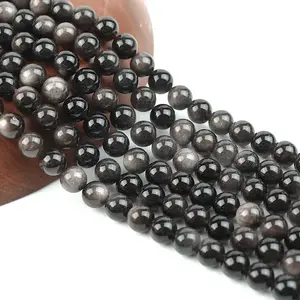 Natural Silver Obsidian Gemstone Smooth Round Loose Beads For DIY Jewelry Making Desig Handmade Crafts Bracelet, Necklace, Earrings AAA Quality 15.5 Inches Long, Semi Precious Stone, Spacer beads