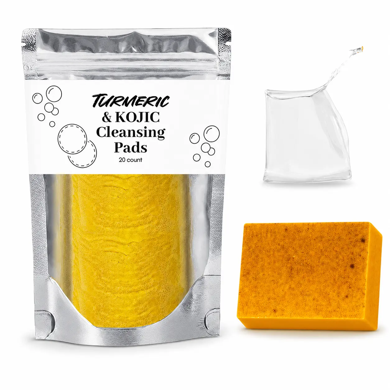 Turmeric & Kojic Cleansing Pads + Turmeric Soap Set, 20 Count Facial Cleansing Pads with Turmeric Bar Soap, Daily Face & Body Cleansing Skincare Kit