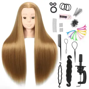 26"-28" Mannequin Head for Hair Styling with Free Table Stand, Long Fiber Hair Training Manikin Cosmetology Doll Head for Hairdresser Practice for Stylist