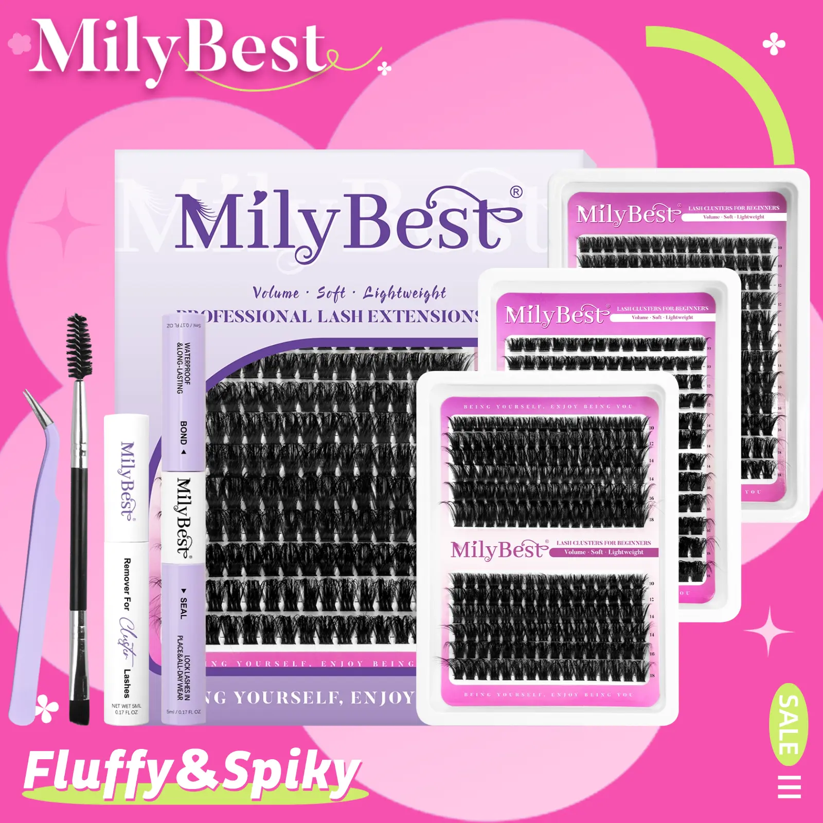 MilyBest 3 Styles Lash Clusters Kit  Mixed Length Individual Eyelash Extensions Kit with Tweezers, Bond & Remover | Professional Self-Grafting False Lashes for Women
