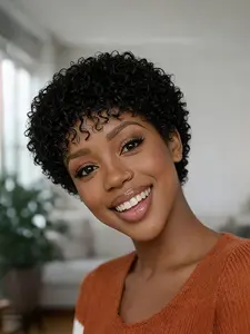 8inch Short Afro Curly Human Hair Wig for Women, Natural Kinky Curly Pixie Cut, Glueless, Soft Lightweight, Daily Wear Wig