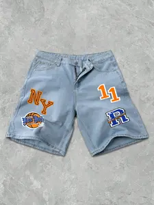 Men's Casual Denim Shorts with New York Basketball Print, Comfortable Skin-Friendly Fabric, Loose Fit, Button Zipper Front Pockets, Fashion Shorts, Dual Pockets