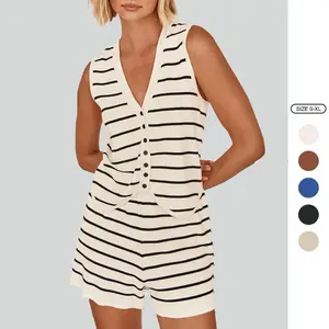 Imily Bela Women's 2-Piece Summer Striped Knit Lounge Set, Sleeveless V-Neck Top with Short Bottoms, Casual Women's Clothing Set