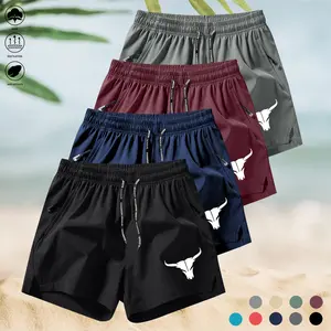 Men's breathable casual loose summer sport shorts with quick dry function, letter drawstring, cow pattern print, elastic waistband, four-piece set lightweight sports running shorts