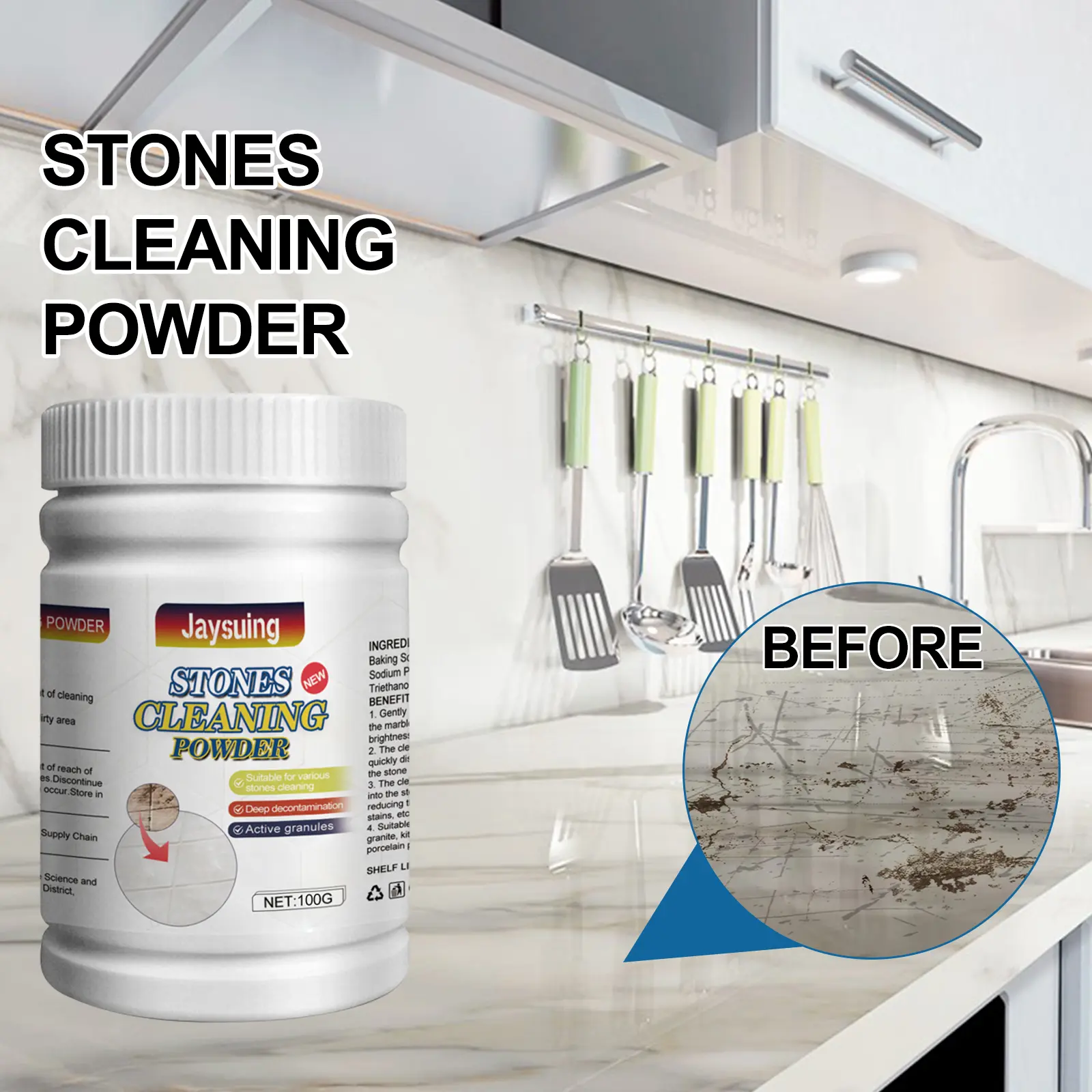Jaysuing Stone Cleaning Powder, Household Kitchen Countertop Marble Tile Stain Cleaning Decontaminating Polishing Powder Baking