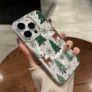Christmas tree, reindeer, and snowflake puzzle pattern shockproof protective case, magnetic transparent phone case, suitable for iPhone 17 16 15 14 13 12 11 Pro Max X XSMAX, drop-resistant transparent soft back cover, a Christmas gift for friends, family.