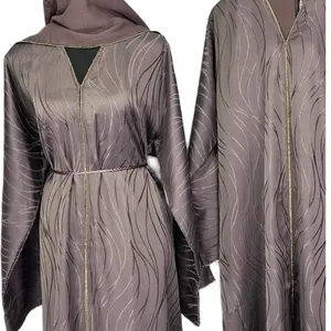Abaya with Elegant Wavy Pattern and Gold Accents for Stylish Wear