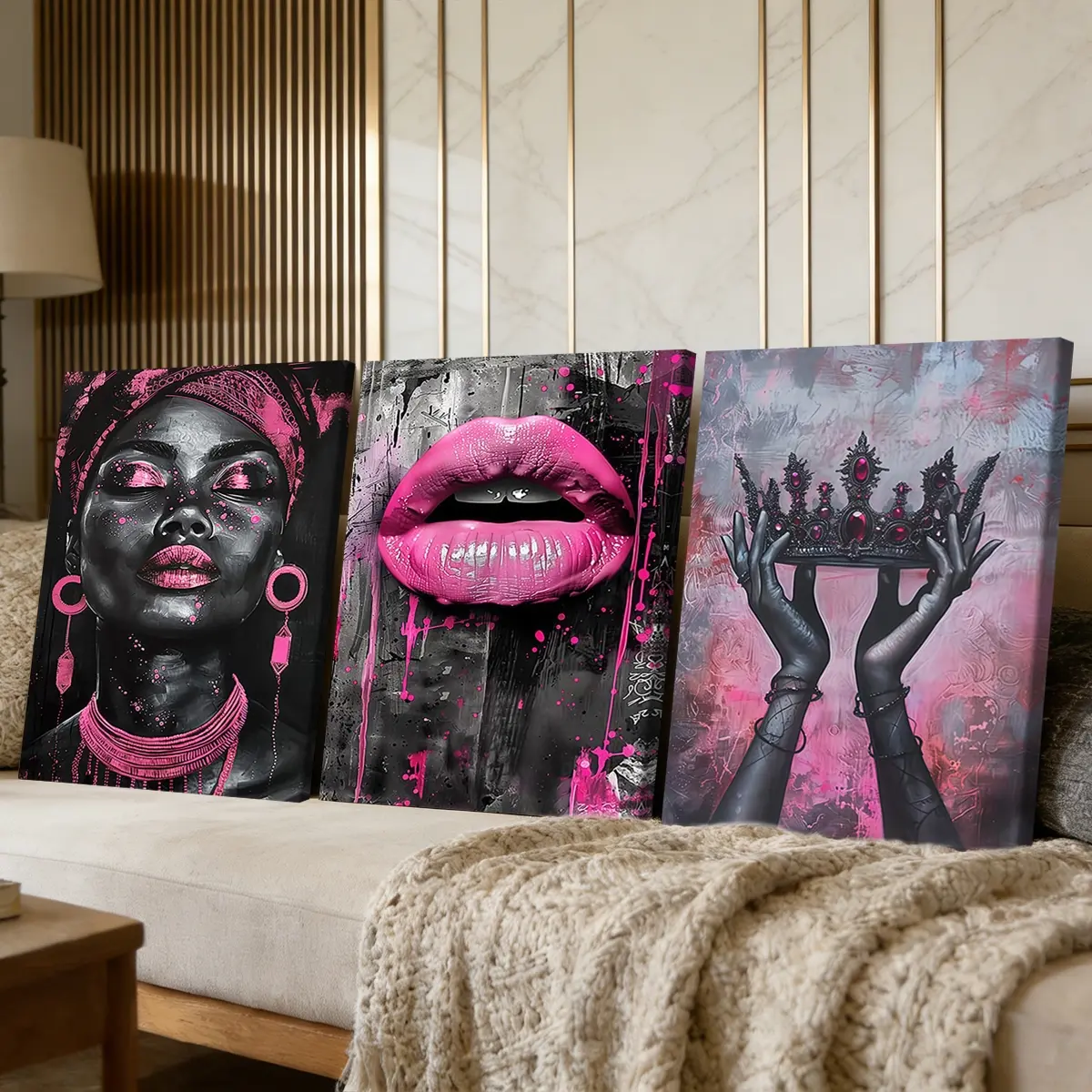 3 Counts Wooden Framed Canvas Painting, Glam Pink Lips And Crown Art Images, Exquisite Poster, Perfect Living Room Decoration, Modern Art, Fashion Family Poster, Wall Art Decoration, Aesthetic Wall Decor, Waterproof Art, Decoration Items
