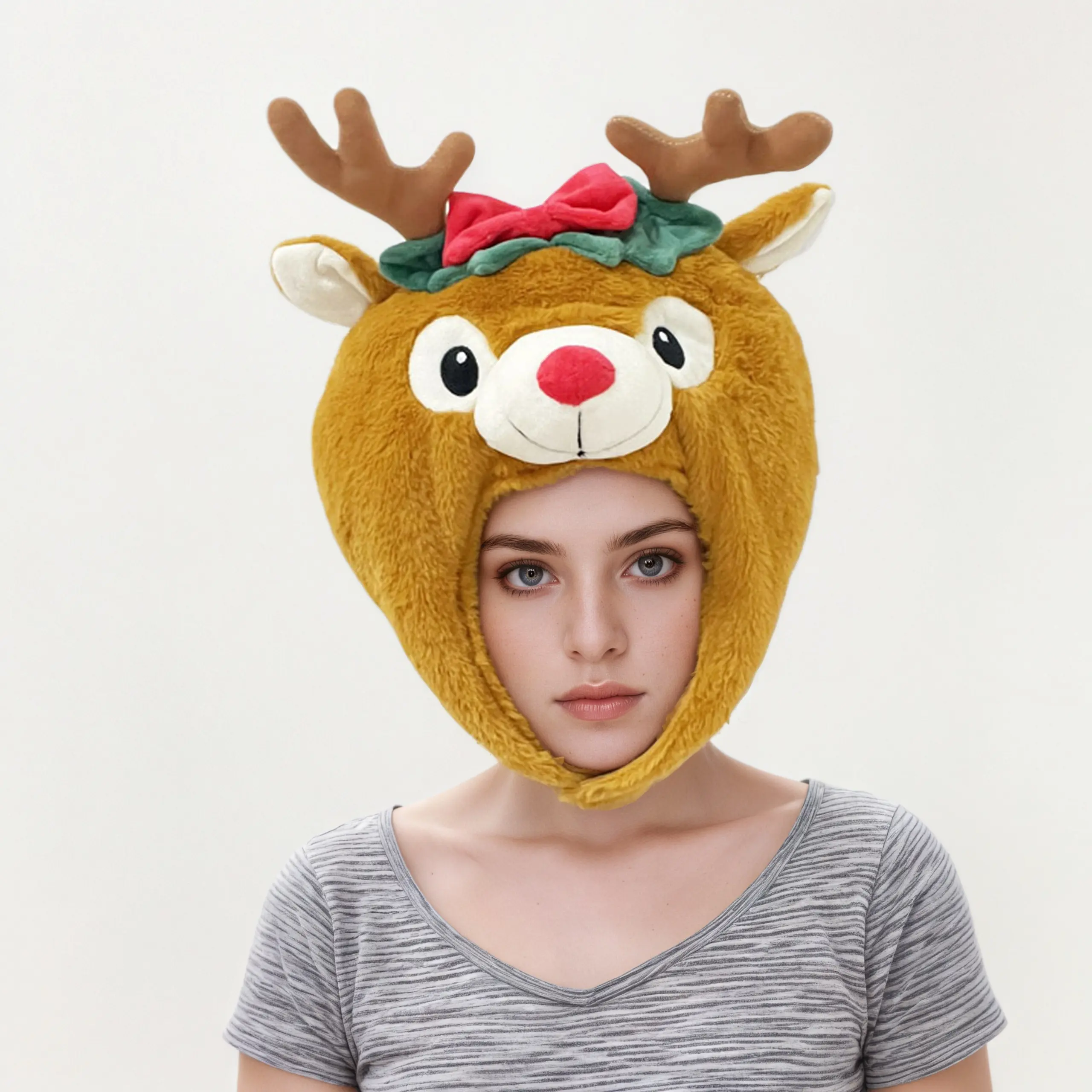 Christmas Funny Reindeer Hat Super Soft Cozy Material Adorable Big Eyes Red Nose Festive Headwear for Adult Children Christmas Party Cosplay Costume Supplies Warm Fun Plush Photo Props Accessory Gift