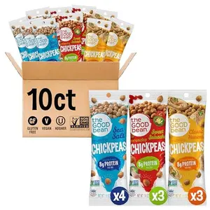 The Good Bean Crunchy Chickpeas - Variety Pack - (10 Pack) 1.4 oz Packet - Sweet Sriracha, Sea Salt, and Classic Hummus Roasted Chickpea Beans - Vegan Snack with Good Source of Plant Protein and Fiber