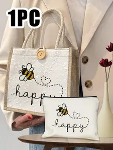 Women's multifunctional tote bag, printed with cute bee and heart patterns, holiday-style letter design shopping bag, suitable for weddings, birthdays, the beach, and various festive occasions, linen tote bag, portable, lightweight, and foldable for stora