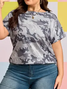 Gray Plus Size Camo Print T Shirt for Women Summer Round Neck Short Sleeve Top with Side Ruched Detail Casual Loose Fit Shift Tee Daily Fashion