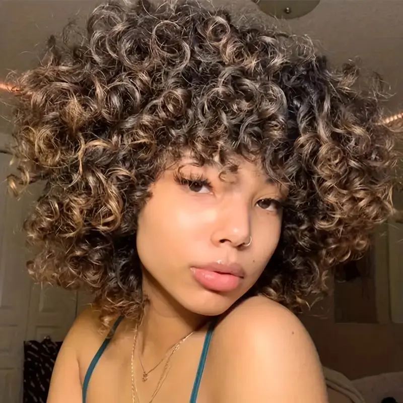 Women's 14 Inches Bouncy Curly Synthetic Wig with Bangs - 1BT30 Color, Heat-Resistant, Durable, Natural Looking, Beginner-Friendly for Everyday Wear, Natural Looking Wig, Beginners