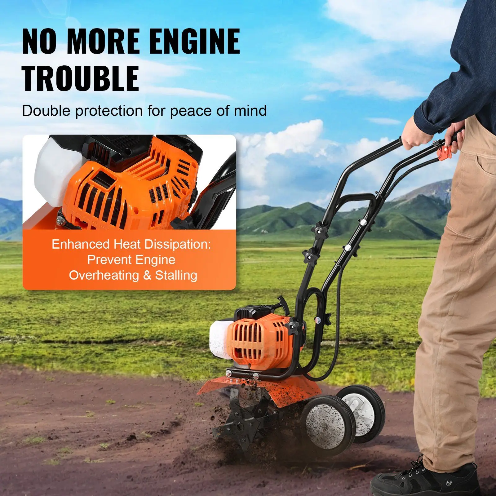 Spring new arrivals Tiller Cultivator, 43CC 2-Stroke Garden Cultivator, Tiller with 4 Steel Adjustable Front Tines for Lawn, Garden and Field Cultivation