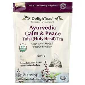 DelighTeas Ayurvedic Calm & Peace Tulsi (Holy Basil) Tea, Caffeine Free, 30 Luxury Pyramid Tea Bags, 3.2 oz (90 g)