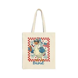Custom named Patriotic Goose Fireworks Tote, Canvas Tote Bag with Playful Americana Humor Style, Fun Fourth of July Inspired Design, Personalized Gift for Kids
