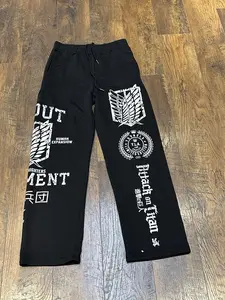 Anime x Yla Graphic Sweatpants Men Loose Fit Black Streetwear Baggy Pants