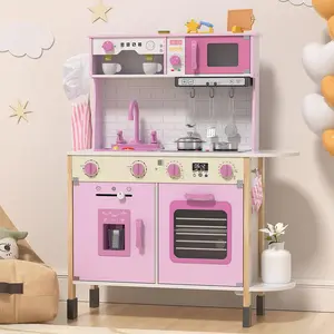 BIERUM Wooden Play Kitchen for Toddlers，Height Adjustable Kids Kitchen with Real Lights & Sounds，Includes 30 Pcs Toy Food & Cookware Accessories