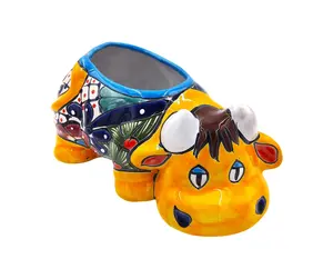 Mexican Talavera Resting Cow Planter Pot Hand Painted - Yellow Body Color