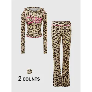 Leopard Print Hoodie & Flared Pants Set Women Y2K Pink Accent Zip Top Flared Trousers Retro Streetwear Outfit for Brunch Night Out Fashionable Bad Girl Style