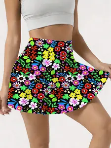 Summer Women's Lightweight Sporty Tennis Skirt and Shorts Set with Pockets, Floral Print, Sports Skorts, Ideal for Running Yoga Fitness