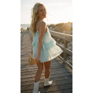 MINT RUFFLE DETAIL SHOULDER TIE FLARE ROMPER