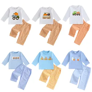 Toddler Baby Boy Halloween Outfit Long Sleeve Pumpkin Truck Embroidery Sweatshirt Pullover Tops Gingham Pants 2Pcs Set