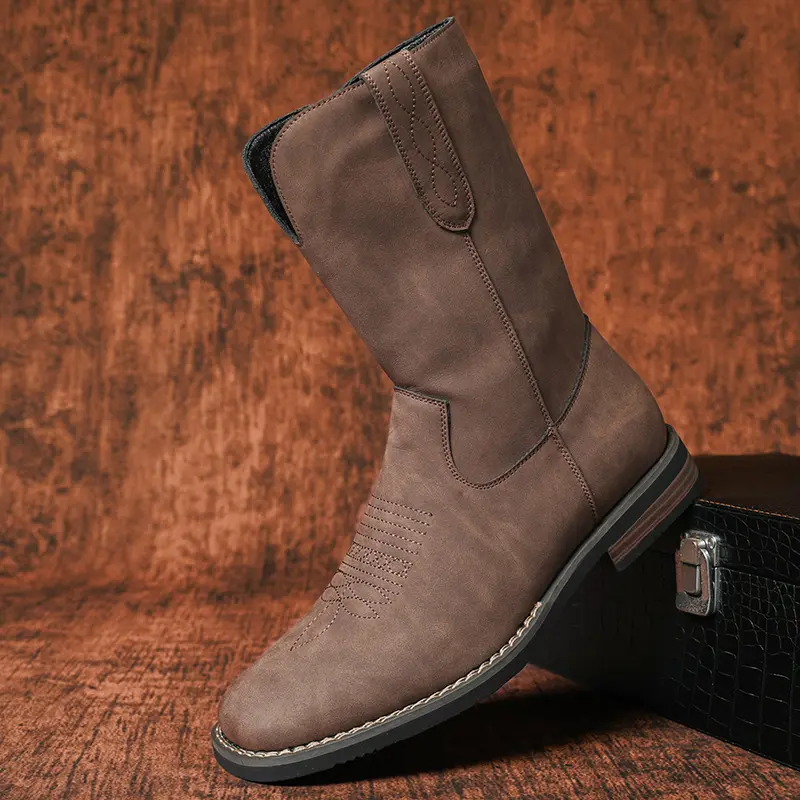 CYUW Retro Square Toe Slip-On Western Boots, Simple Casual Mid-Calf Boots for Year-Round Wear, Shoe