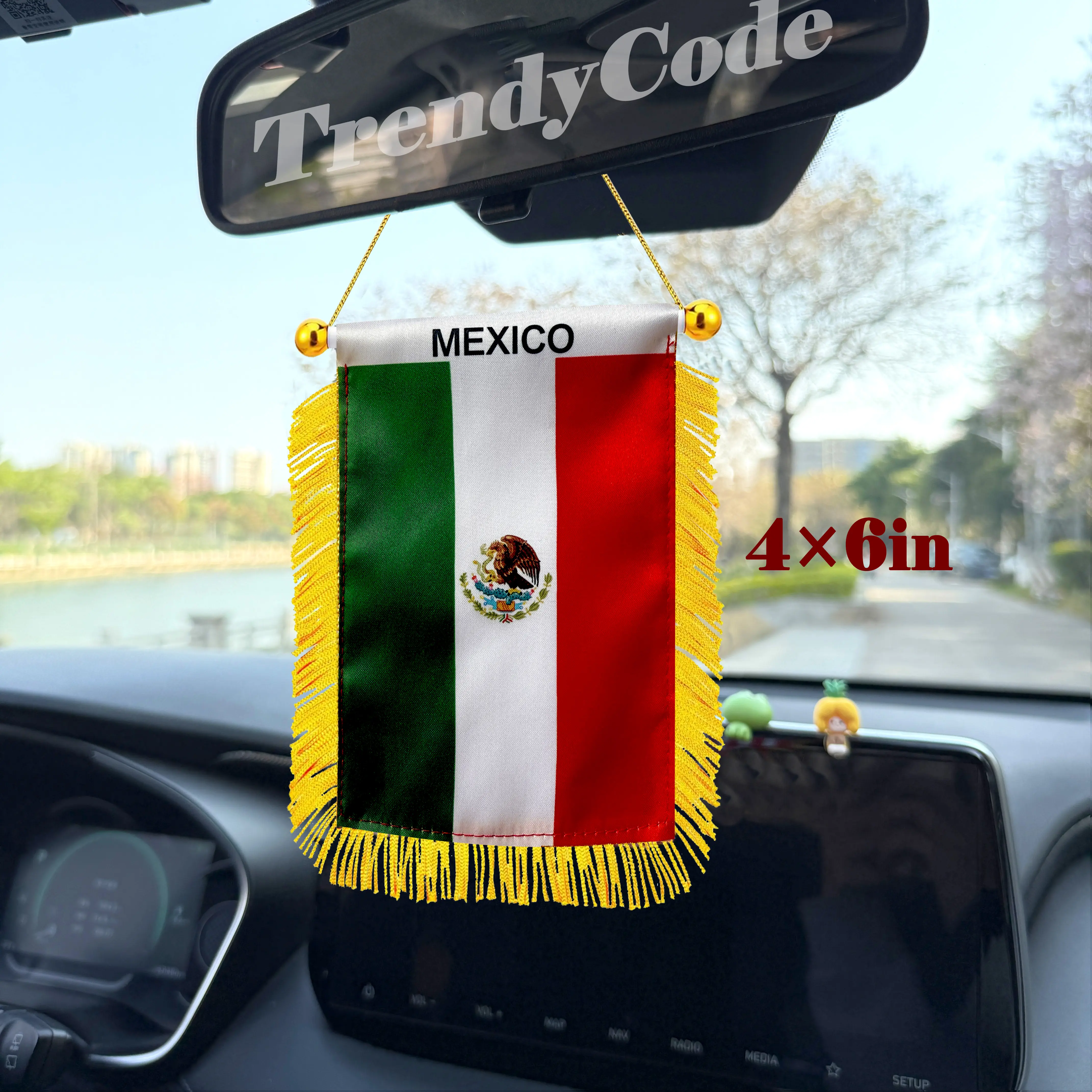 4x6in Mexico Fringy Hanging Flag with Suction Cup, Mini Banner for Car Rearview Mirror, Game Day Décor, Car Decor Gift, Cars