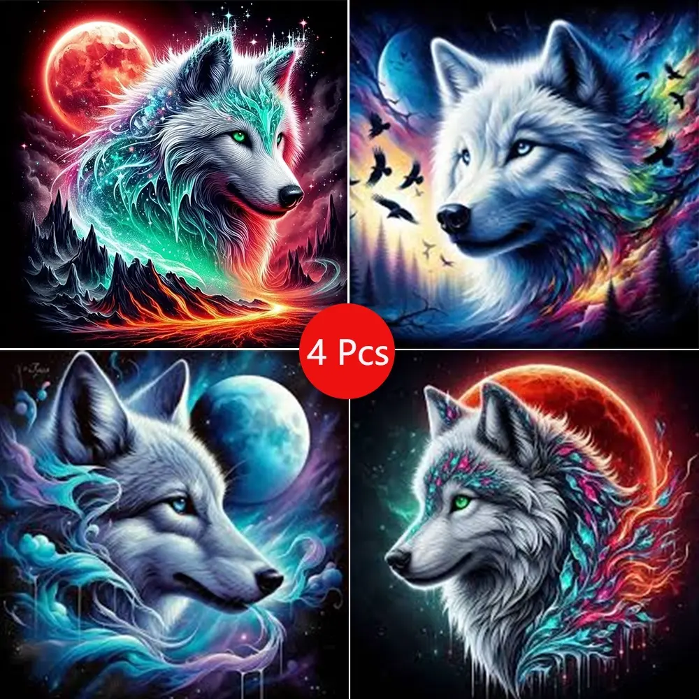 4pcs Midnight Wolf Diamond Pattern Design Diamond Painting Kit, Adult Art Set, Frameless DIY 5D Diamond Art Crafts, Beginner Home Decor Wall Art, Handicraft, Handmade Gifts, DIY Craft Supplies, Diy Kits