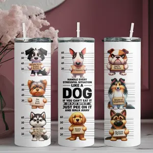 20oz stainless steel water bottle with straw, Eight dogs standing in a row holding signs skinny tumbler, suitable for fitness, travel, driving, and daily use at home. A great gift for family and friends | 1pc